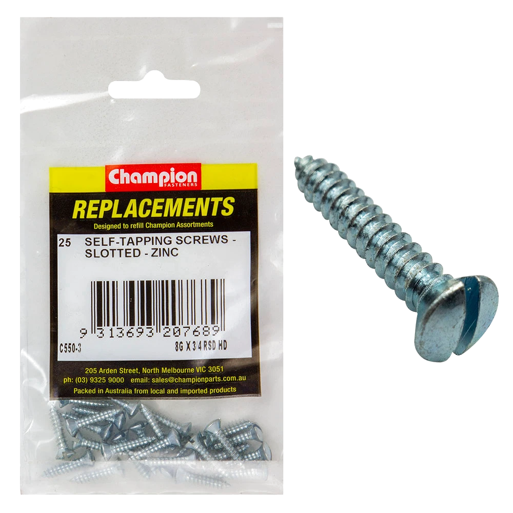 Champion 8G x 3/4in S/Tapping Screw Raised Head Slotted-25pk