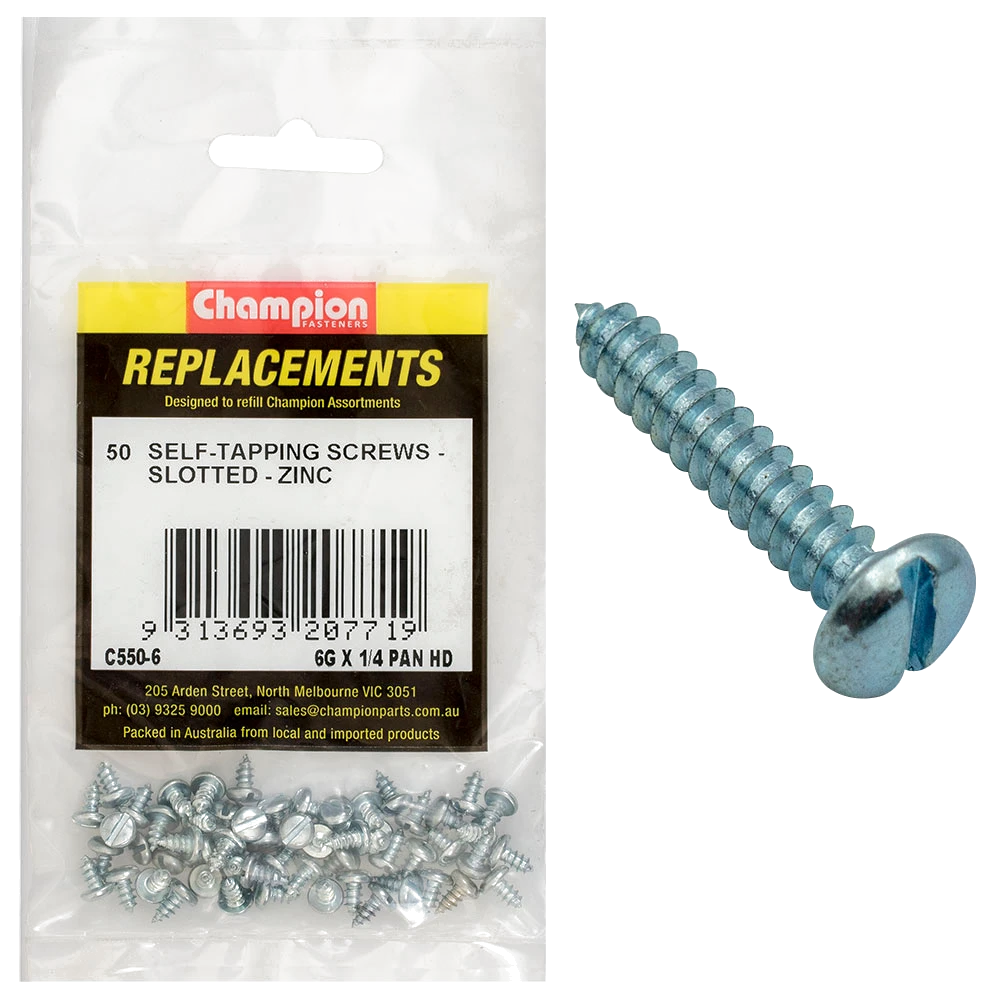 Champion 6G x 1/4in S/Tapping Pan Head Slotted -50pk
