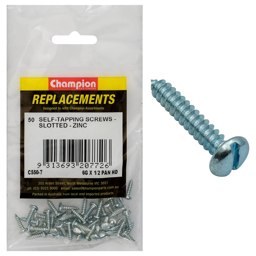Champion 6G x 1/2in S/Tapping Pan Head Slotted -50pk