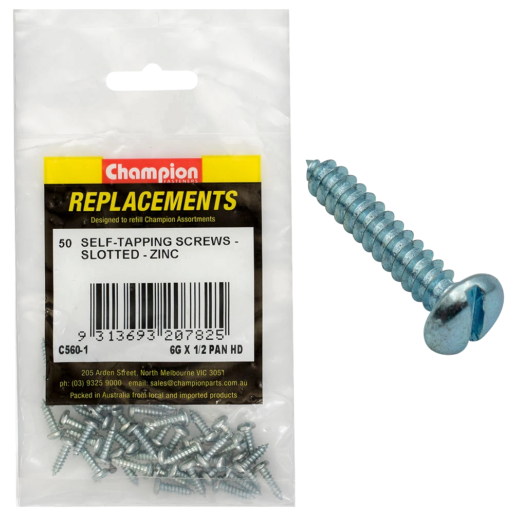 Champion 6G x 1/2in S/Tapping Screw Pan Head Slotted -50pk