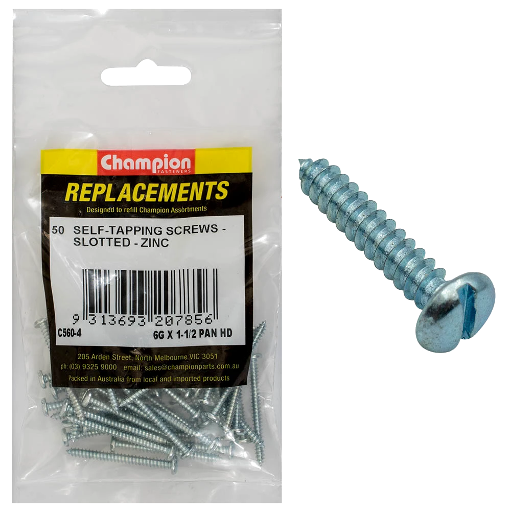 Champion 6G x 1-1/2in S/Tapping Screw Pan Head Slotted -50pk