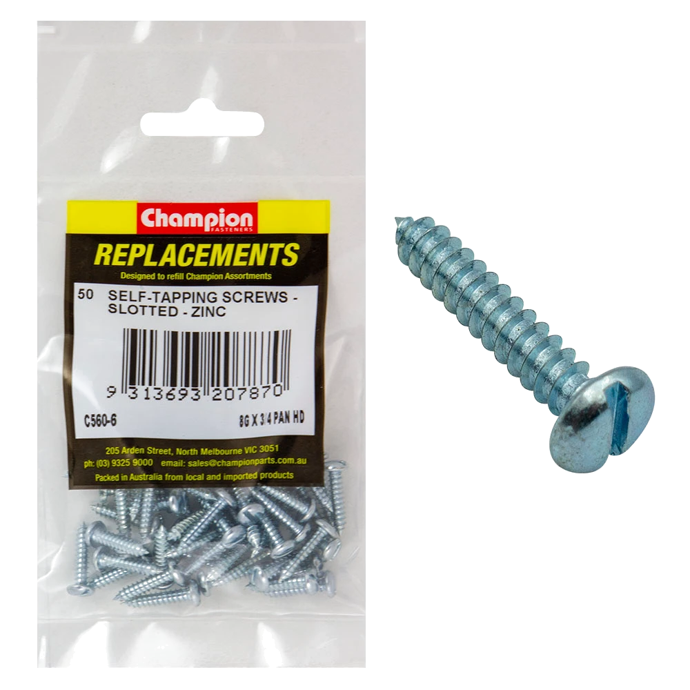 Champion 8G x 3/4in S/Tapping Screw Pan Head Slotted -50pk