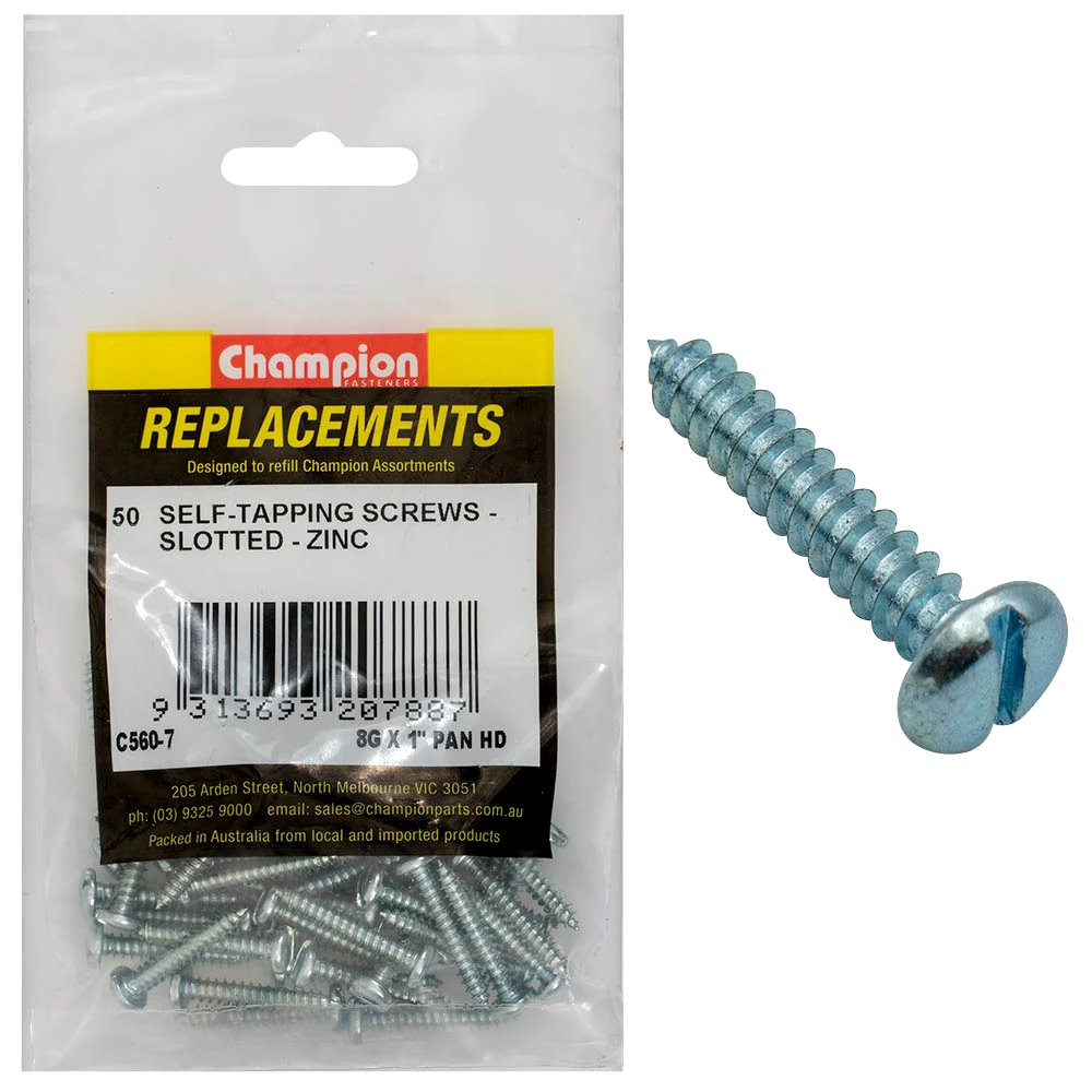Champion 8G x 1in S/Tapping Screw Pan Head Slotted -50pk