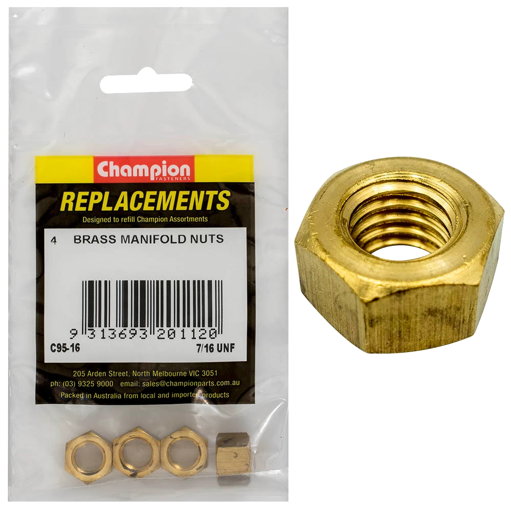 Champion 7/16in UNF Brass Manifold Nut -4pk