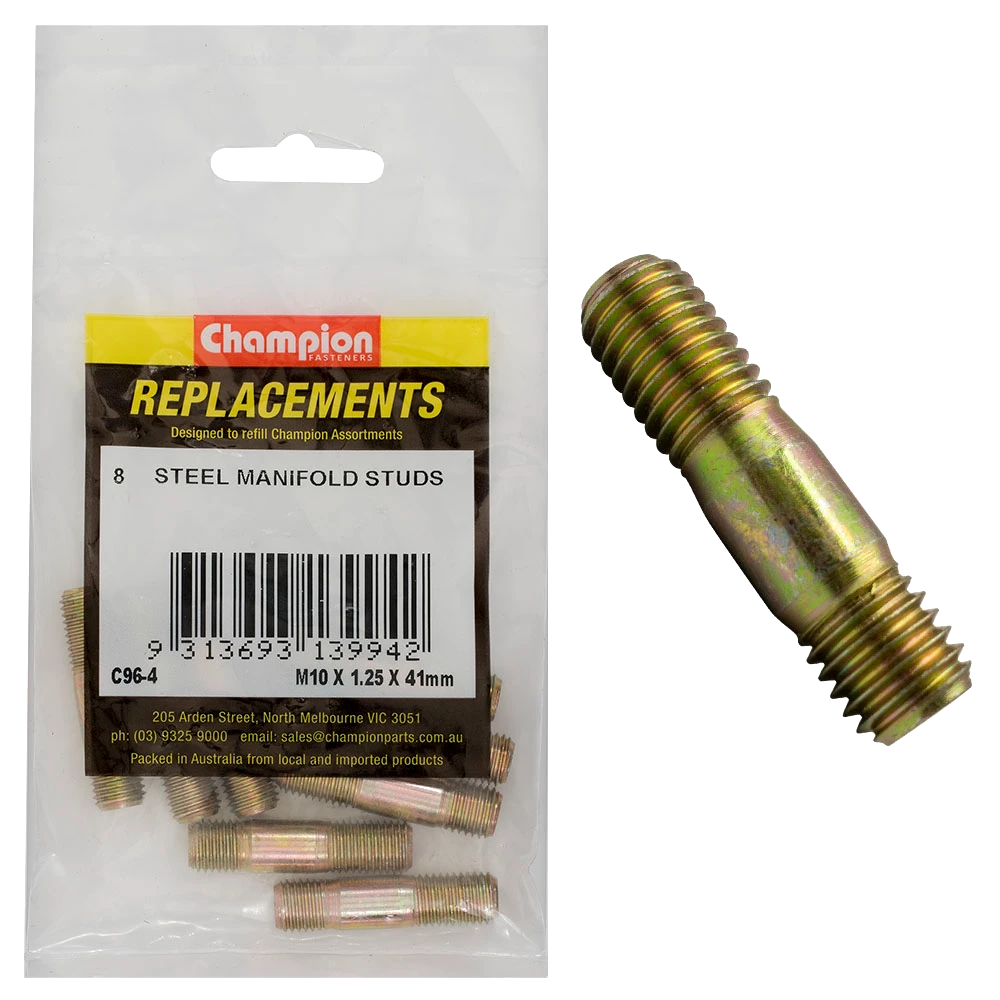 Champion M10 x 41mm x 1.25mm Steel Manifold Stud -8pk