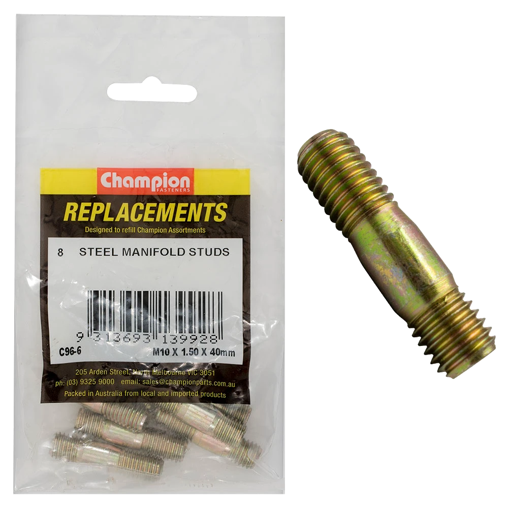Champion M10 x 40mm x 1.50mm Steel Manifold Stud -8pk