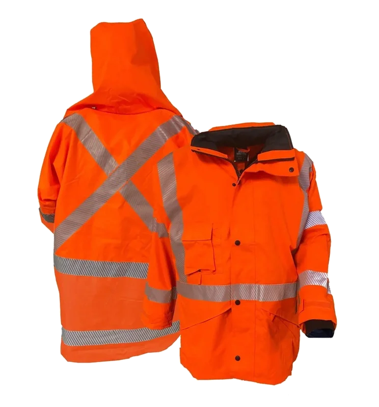 Hi-Vis Rain Jacket W/Hood PU Coated Orange