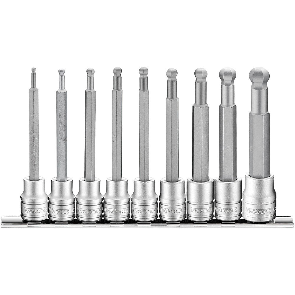 Teng 9pc 3/8in Long Hex Bit Socket Ball Point Clip Rail Set