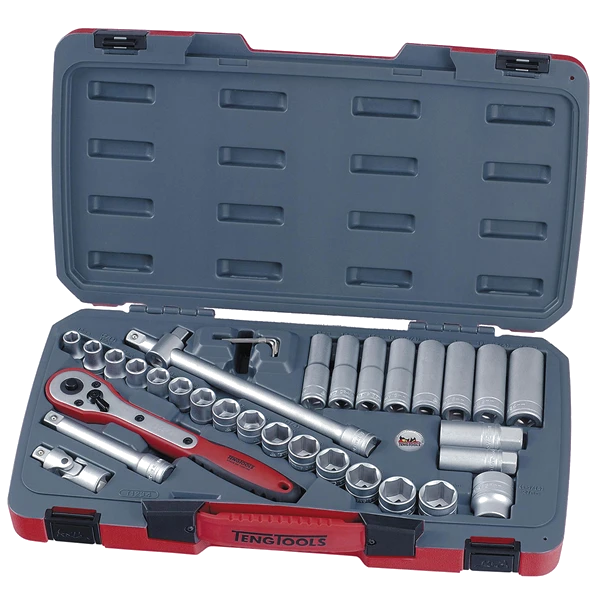 Teng 34pc 1/2in Dr. Metric Reg/Deep Socket Set 6Pnt