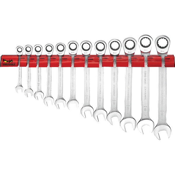 Teng 12pc Ratchet Comb Span Set 8-19mm W/Wall Rack
