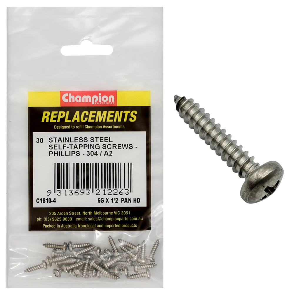 Champion 6G x 1/2 S/Tappg Screw Pan Hd Phillips 304/A2 -30pk