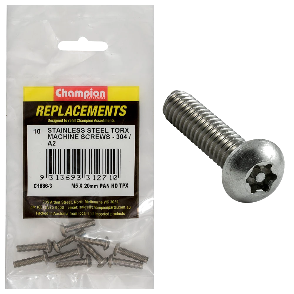 Champion M5 x 20mm Machine Screw -Pan -Tpx -304/A2 -10pk