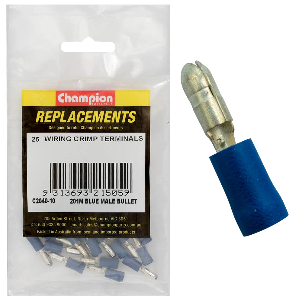 Champion Crimp Terminals Bullet Male Blue 4mm - 25pk
