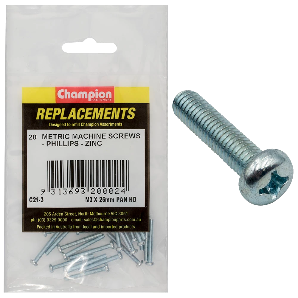 Champion M3 x 25mm Machine Screw P/H Phillips -20pk