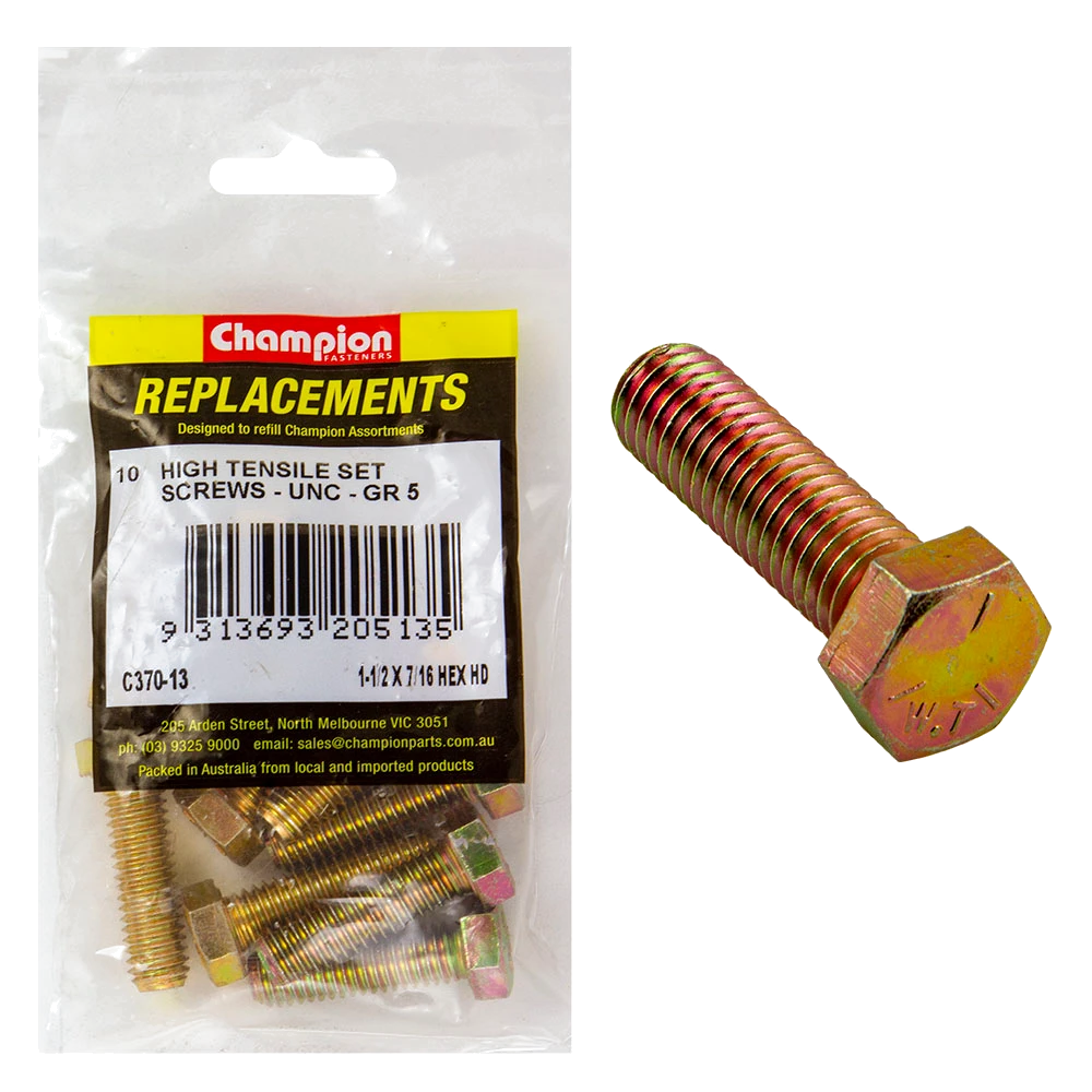 Champion 7/16in x 1-1/4in UNC Set Screw -Gr5 -10pk