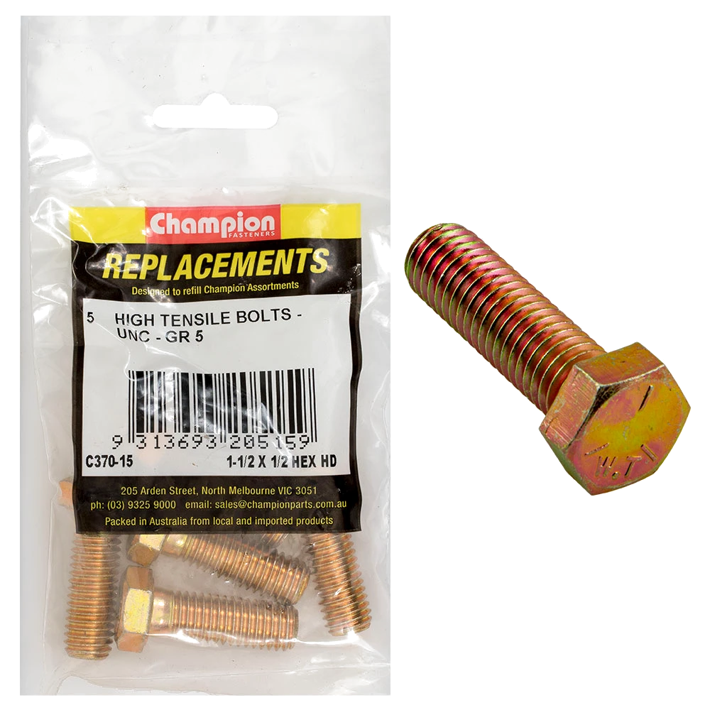 Champion 1/2in x 1-1/2in UNC Bolt -Gr5 -5pk