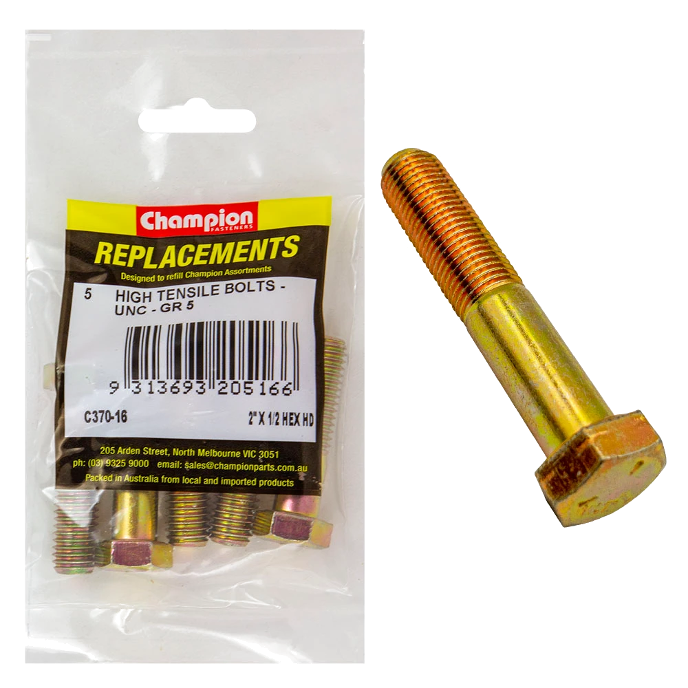 Champion 1/2in x 2in UNC Bolt -Gr5 -5pk