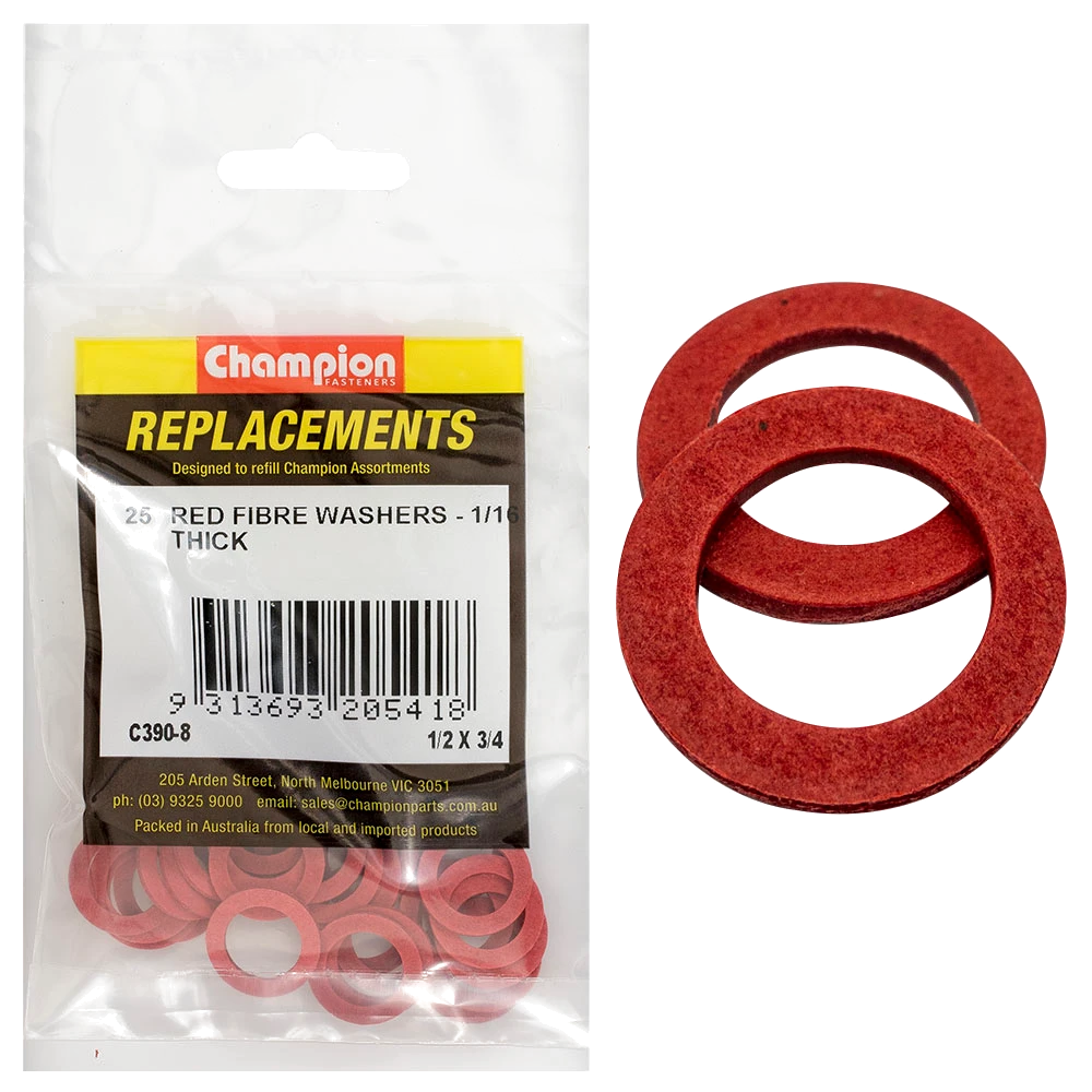 Champion 1/2in x 3/4in x 1/16in Red Fibre Washer -25pk