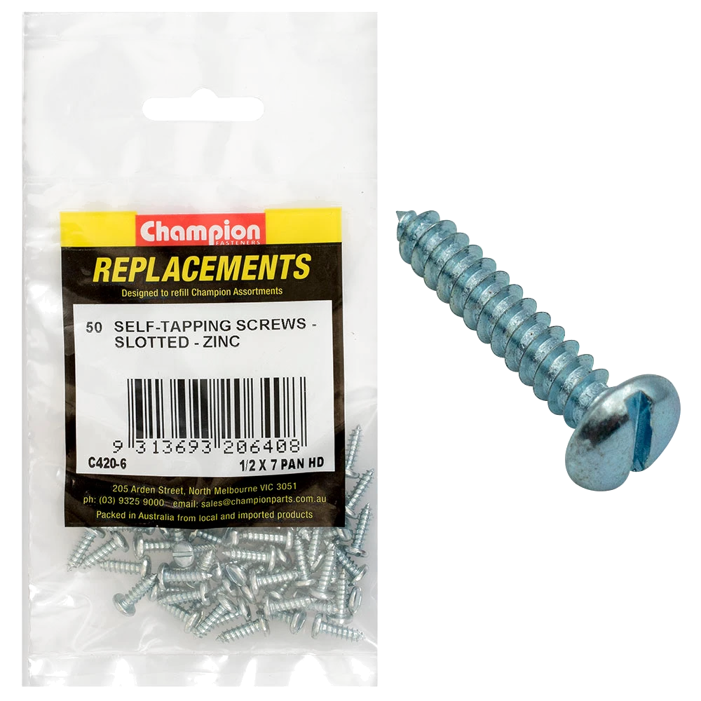 Champion 7G x 1/2in S/Tapping Screw Pan Head Slotted -50pk