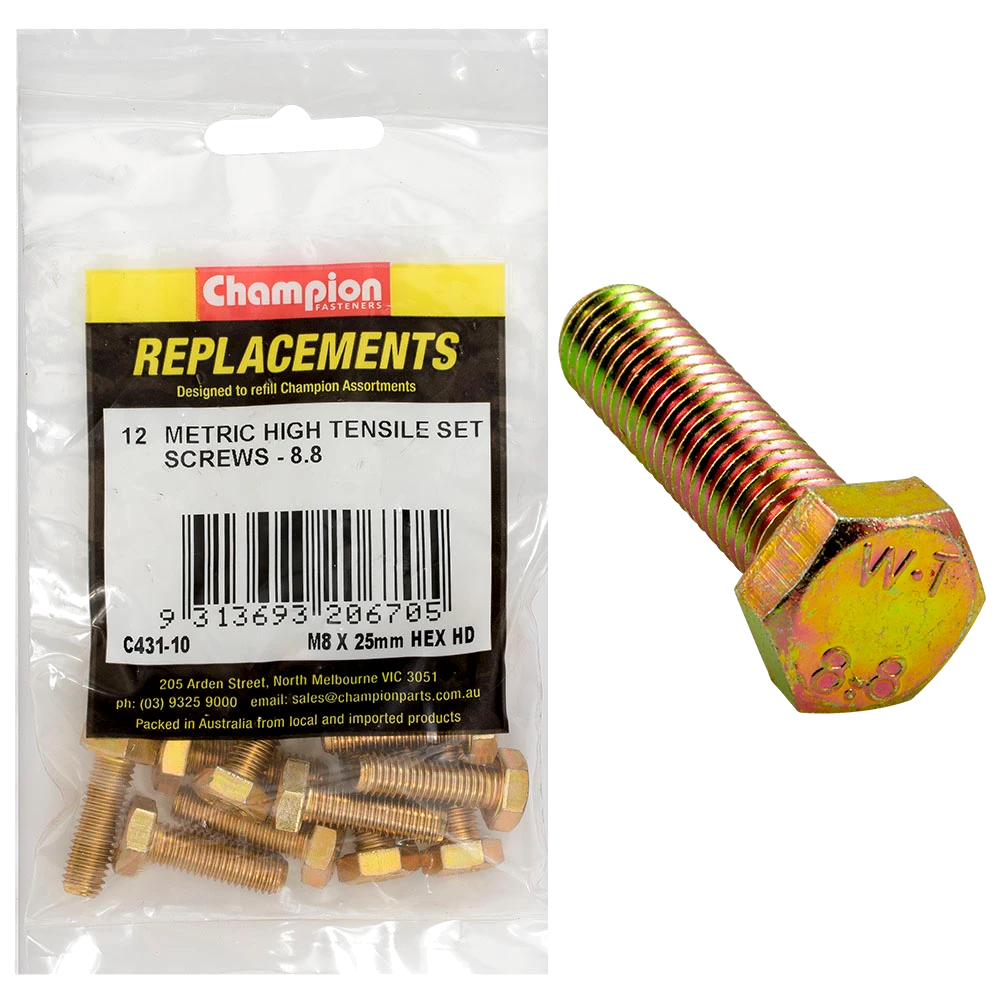 Champion M8 x 25mm x 1.25 Set Screw -Gr8.8 -12pk