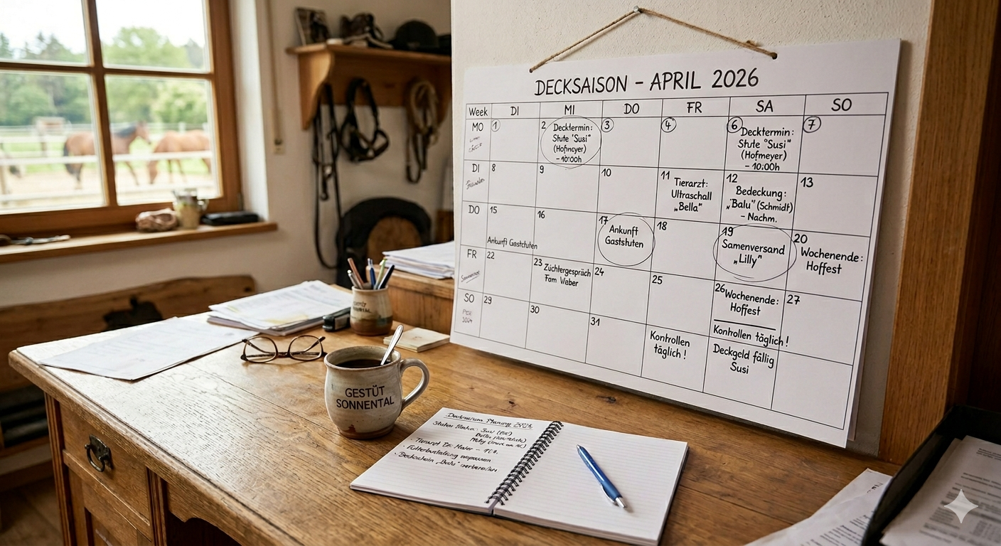 Wandkalender mit handschriftlichen Decksaison-Notizen auf einem Schreibtisch, daneben Kaffeetasse und Notizblock.