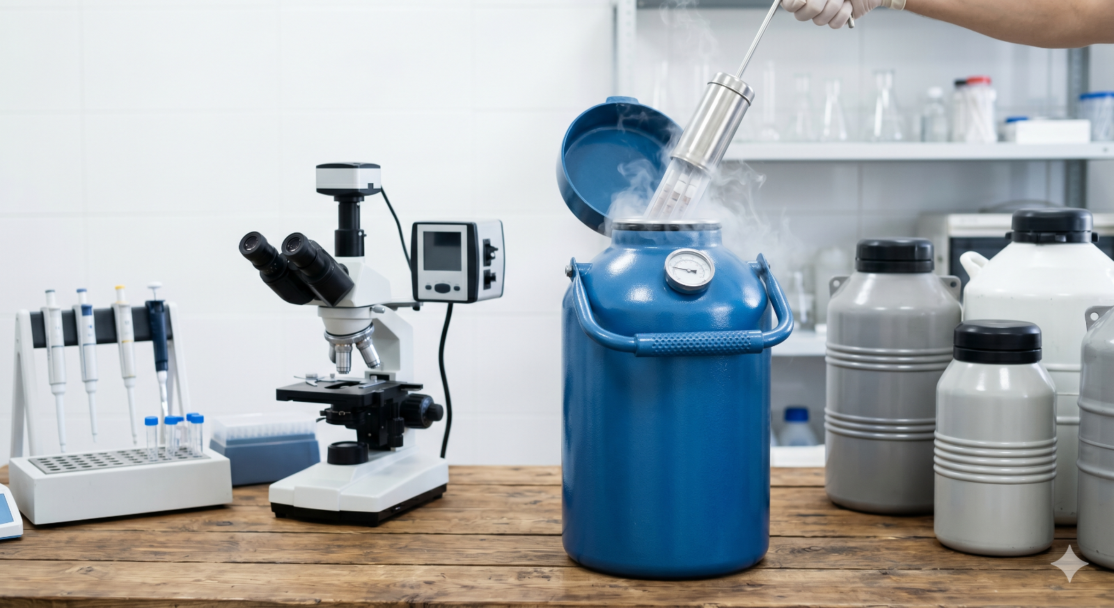 Stickstoff-Cryotank mit Tiefgefriersamen-Pailletten und EU-Versanddokumenten auf einem Tisch.