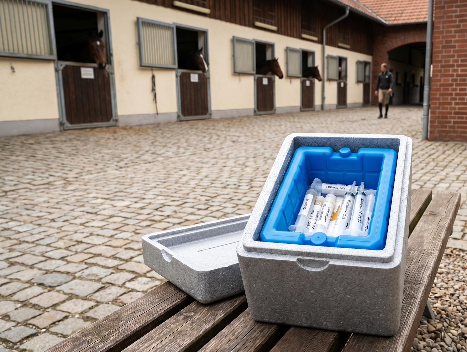 Geöffneter Frischsamen-Versandbehälter mit Kühlakkus auf dem Hof einer Hengststation.