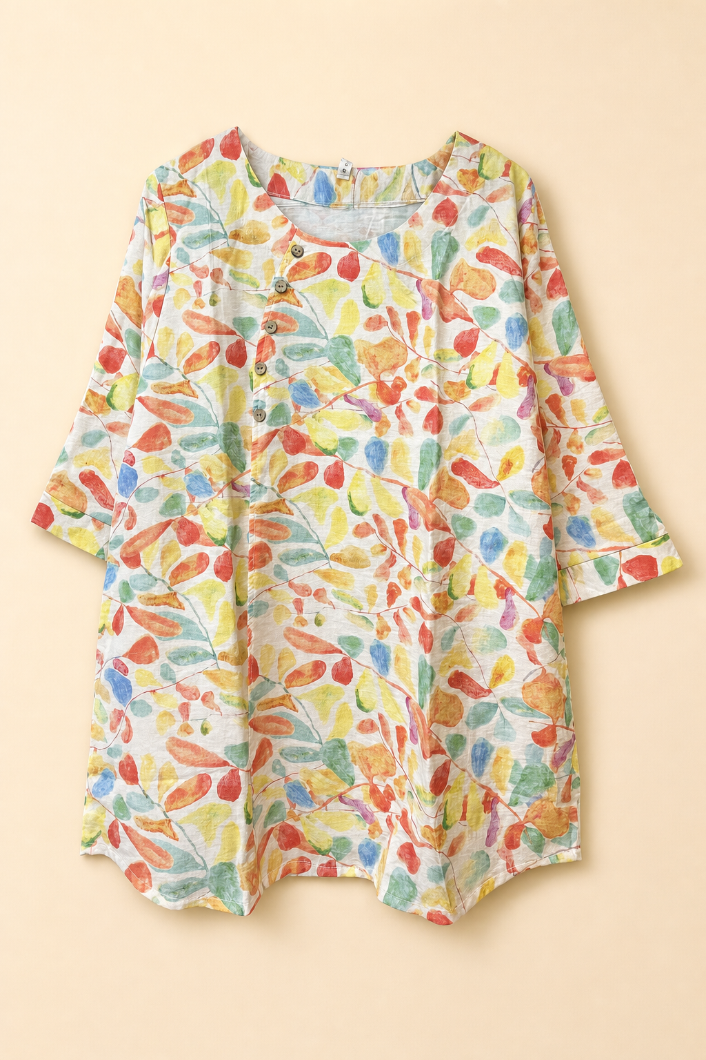 Loose Fit Button Embellished Leaf Print Tunic Top