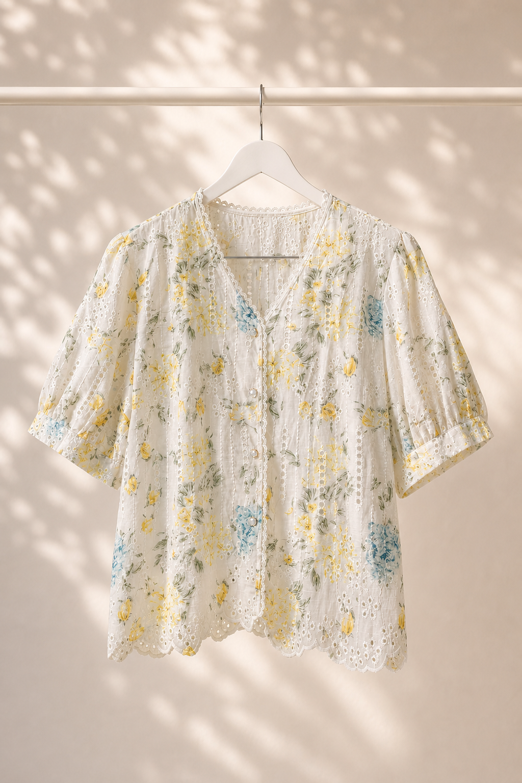 Embroidered Floral Eyelet Puff Sleeve Top