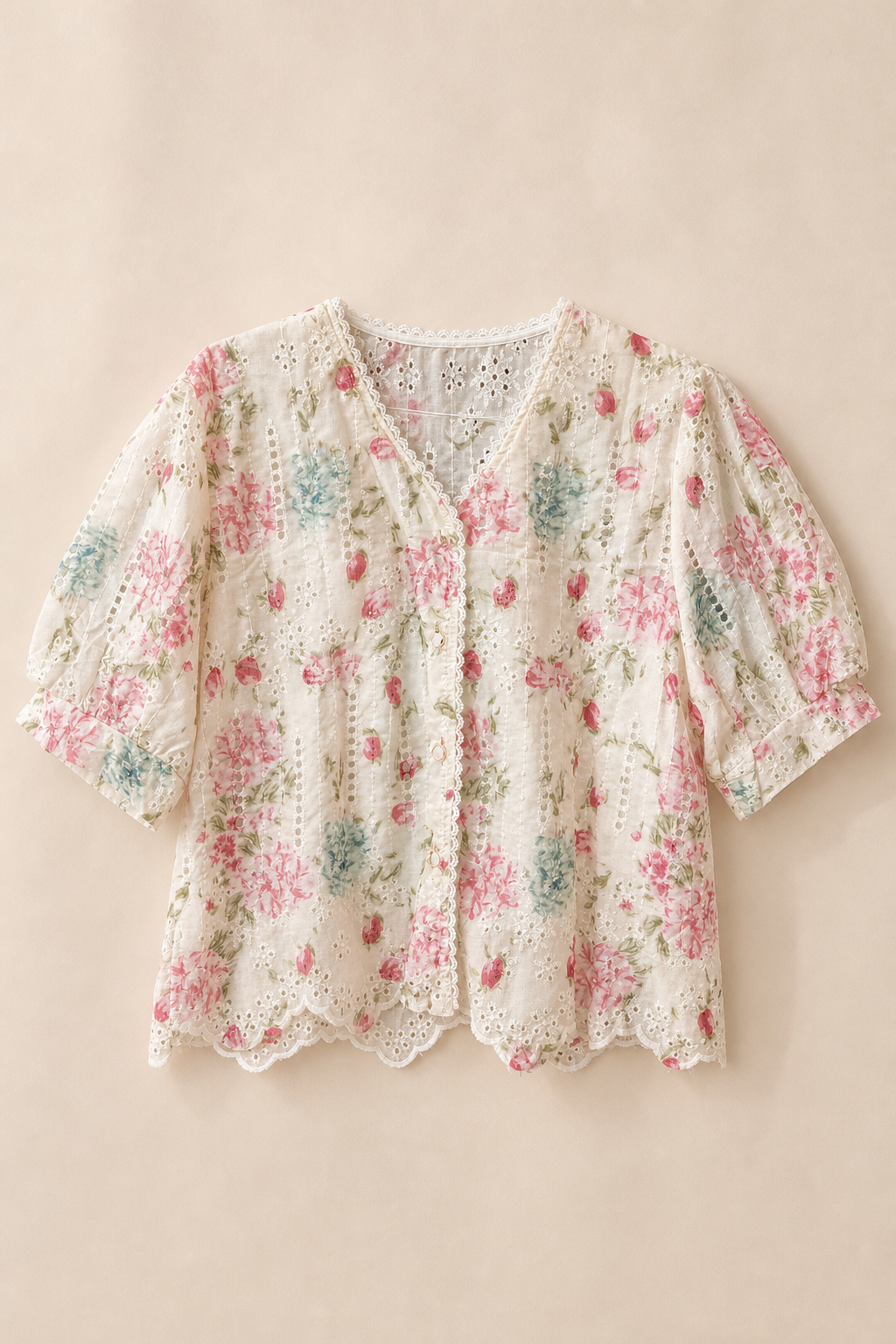 Embroidered Floral Eyelet Puff Sleeve Top