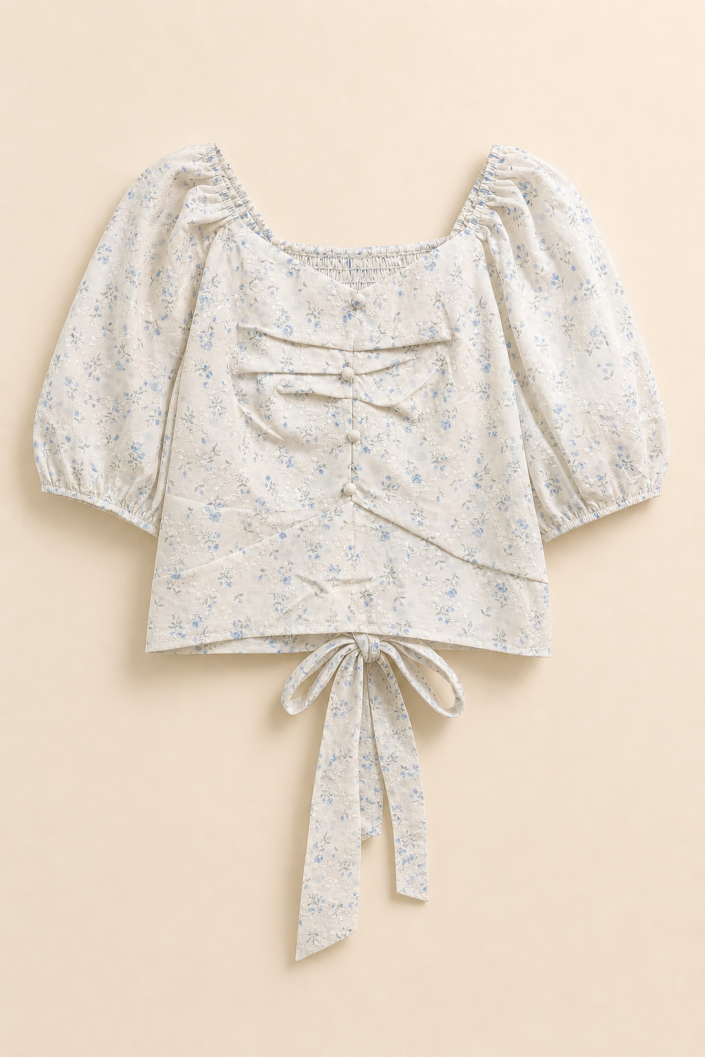 Floral Textured Puff Sleeve Tie-Back Top
