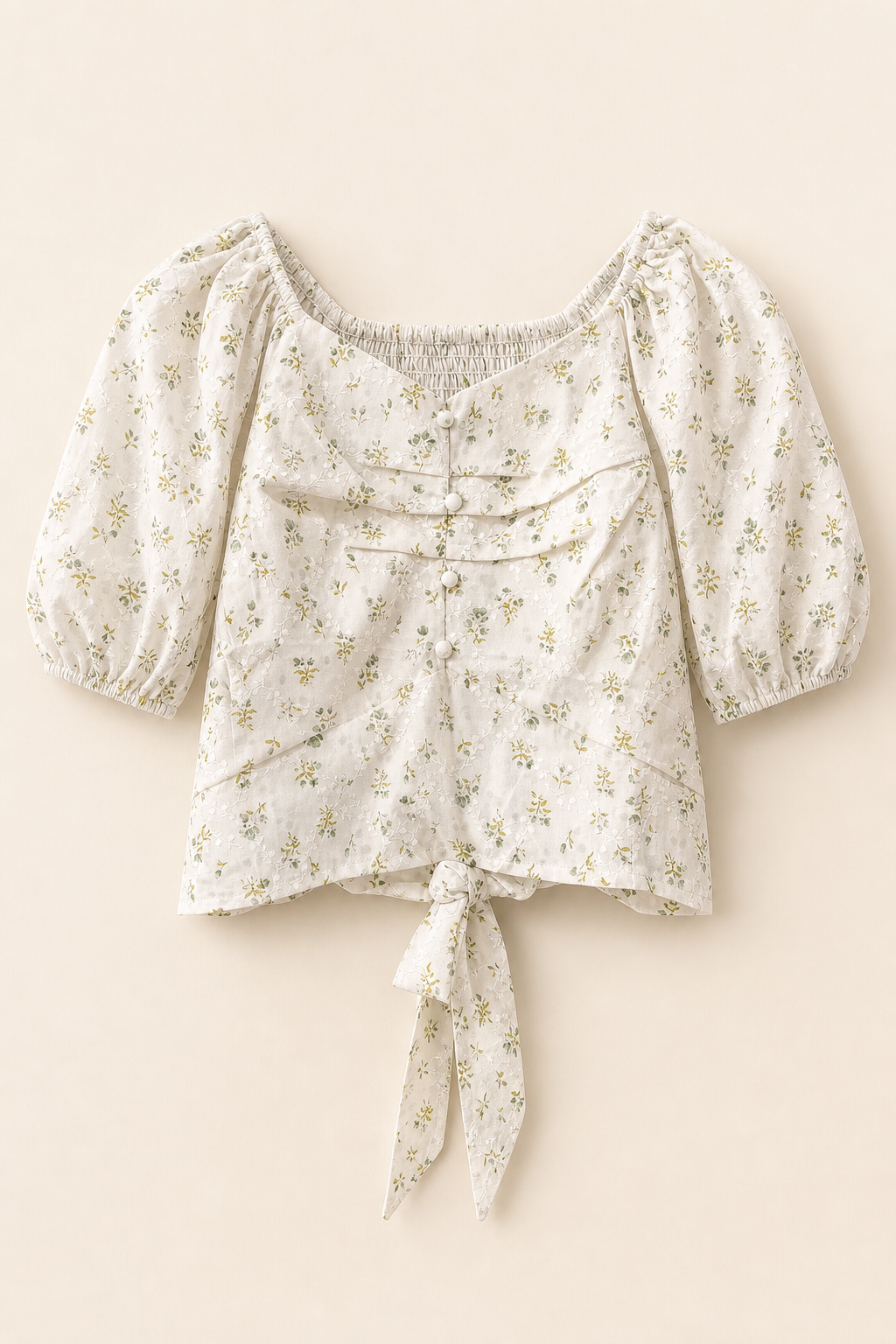 Floral Textured Puff Sleeve Tie-Back Top