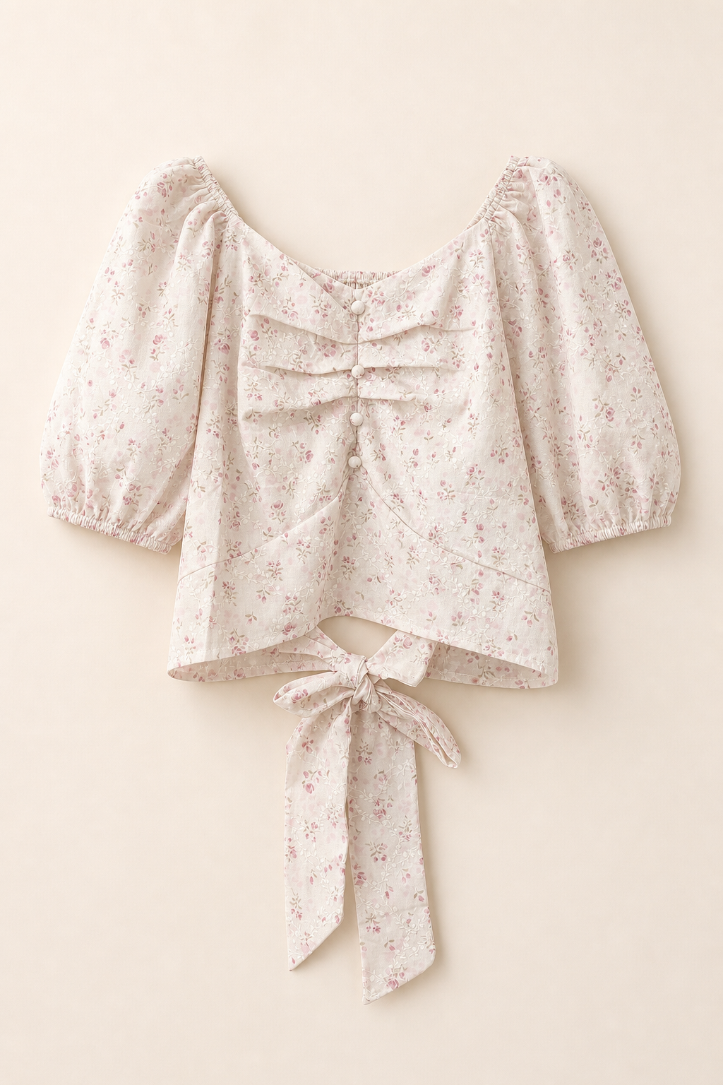 Floral Textured Puff Sleeve Tie-Back Top