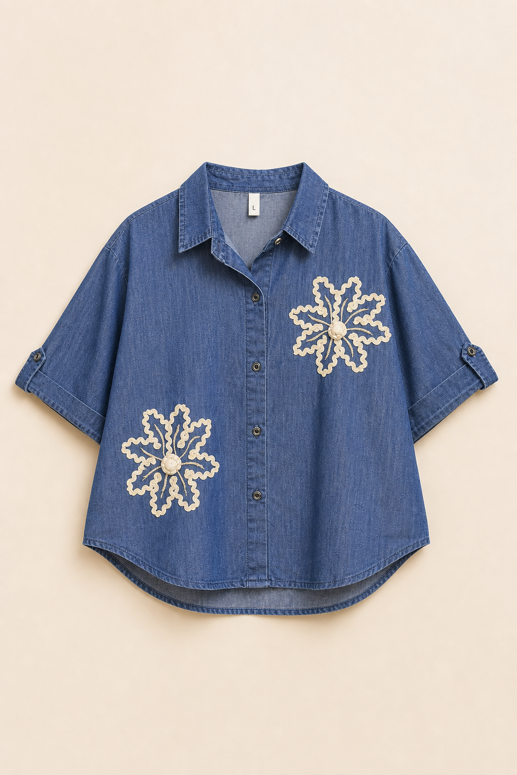 Relaxed Fit Short Sleeve Button-Up Shirt With Embroidered Detail