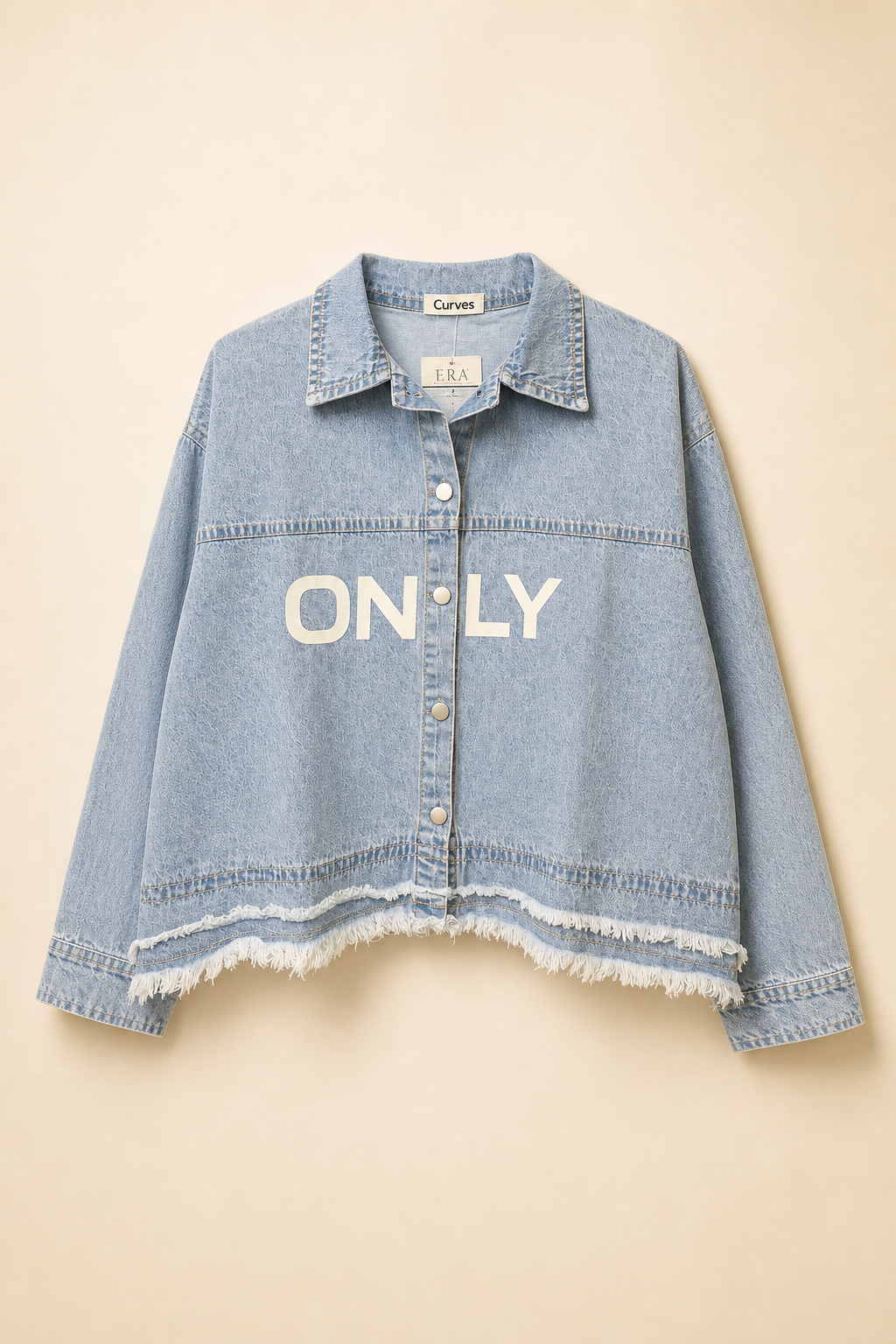 Cropped Distressed Denim Jacket With Bold Text