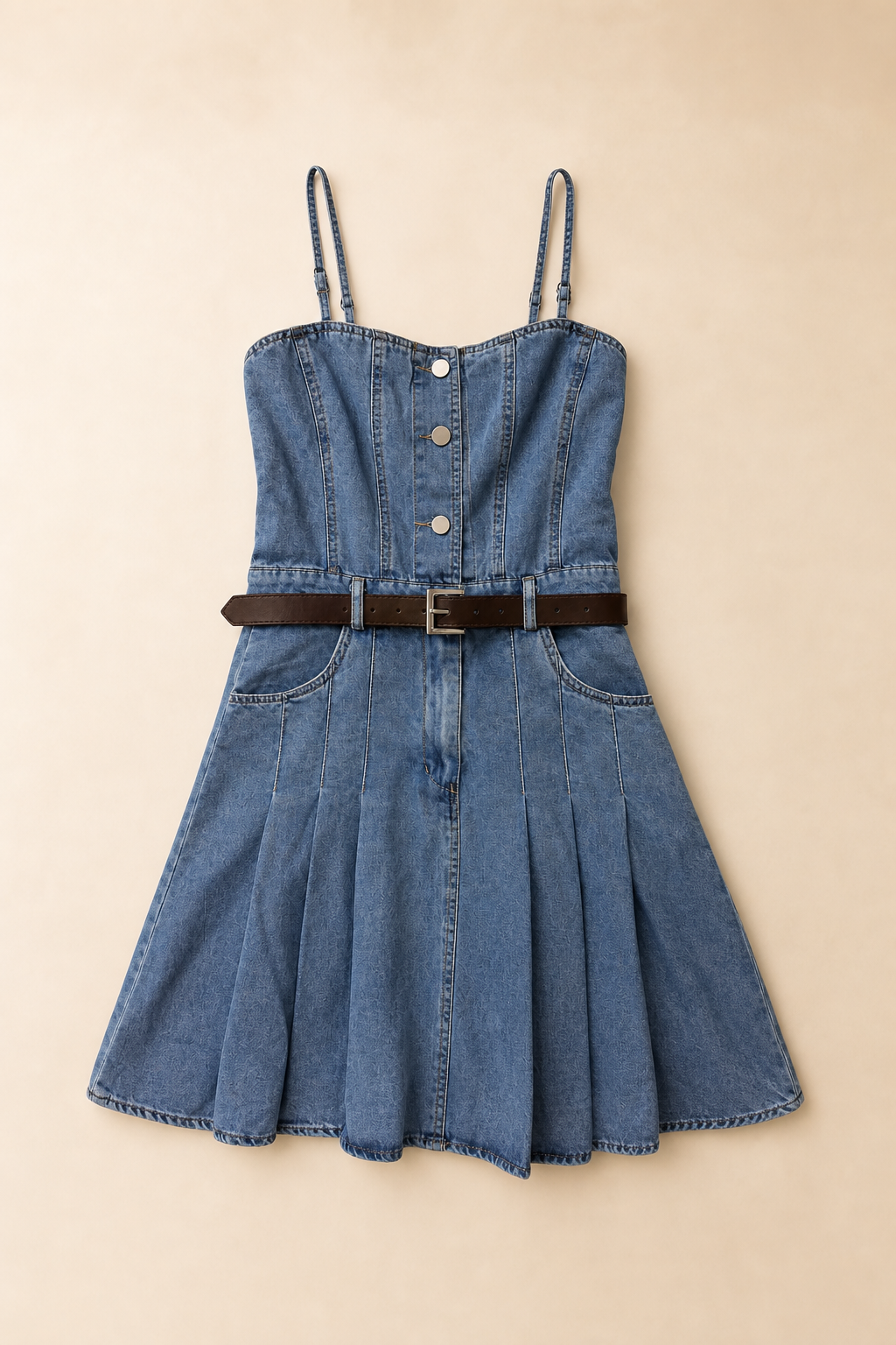 Structured Sleeveless Denim Dress With Belted Waist