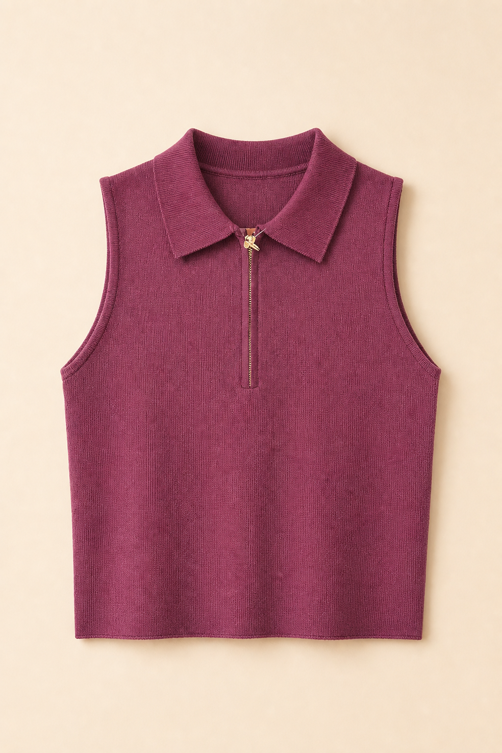 Sleeveless Zip Neck Textured Knit Top with Collar