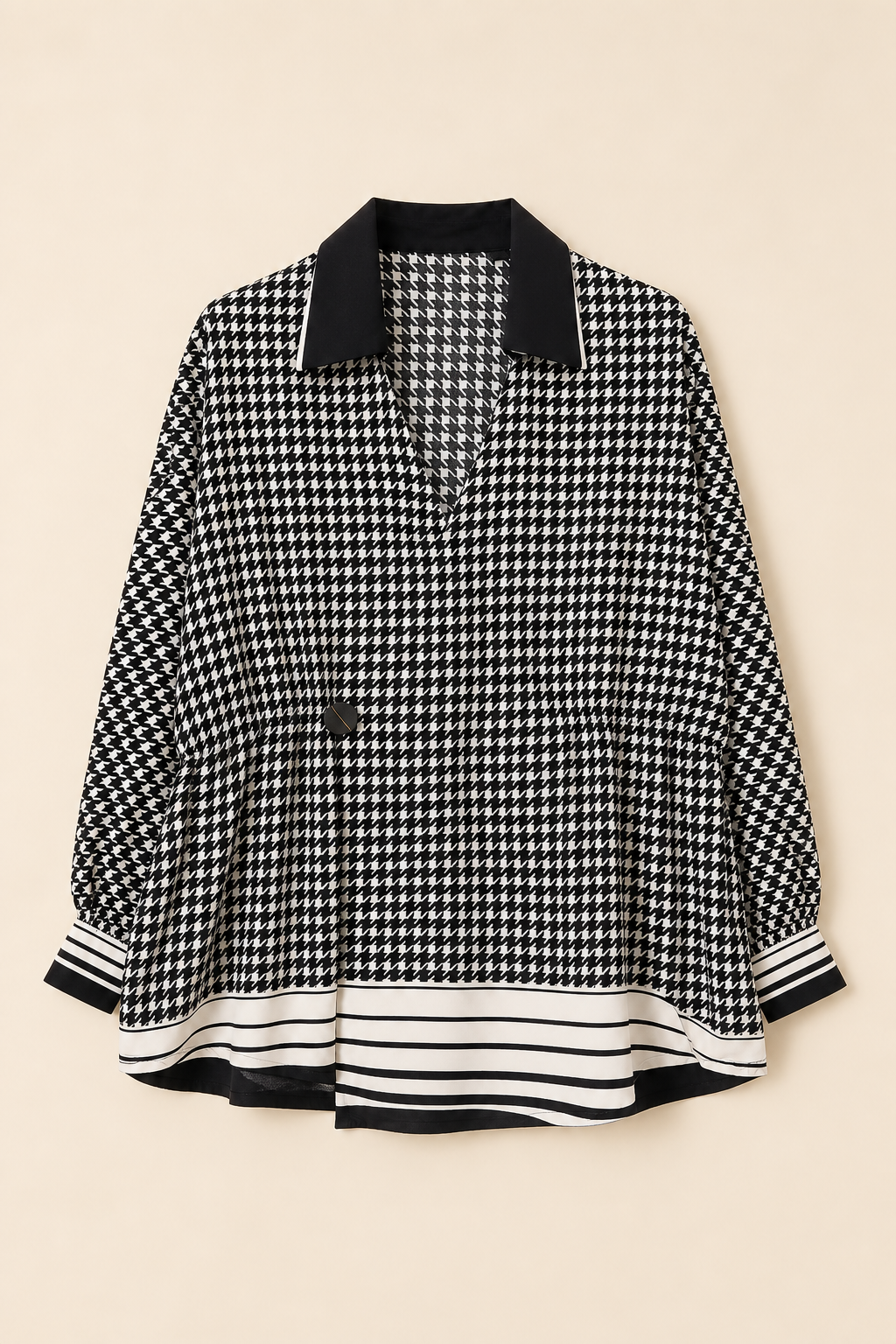 Long Sleeve Houndstooth Pattern V-Neck Blouse with Collar