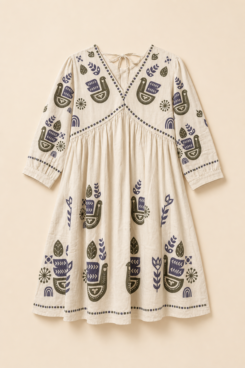 Bohemian Inspired Printed Tie Neck Dress With Full Sleeves