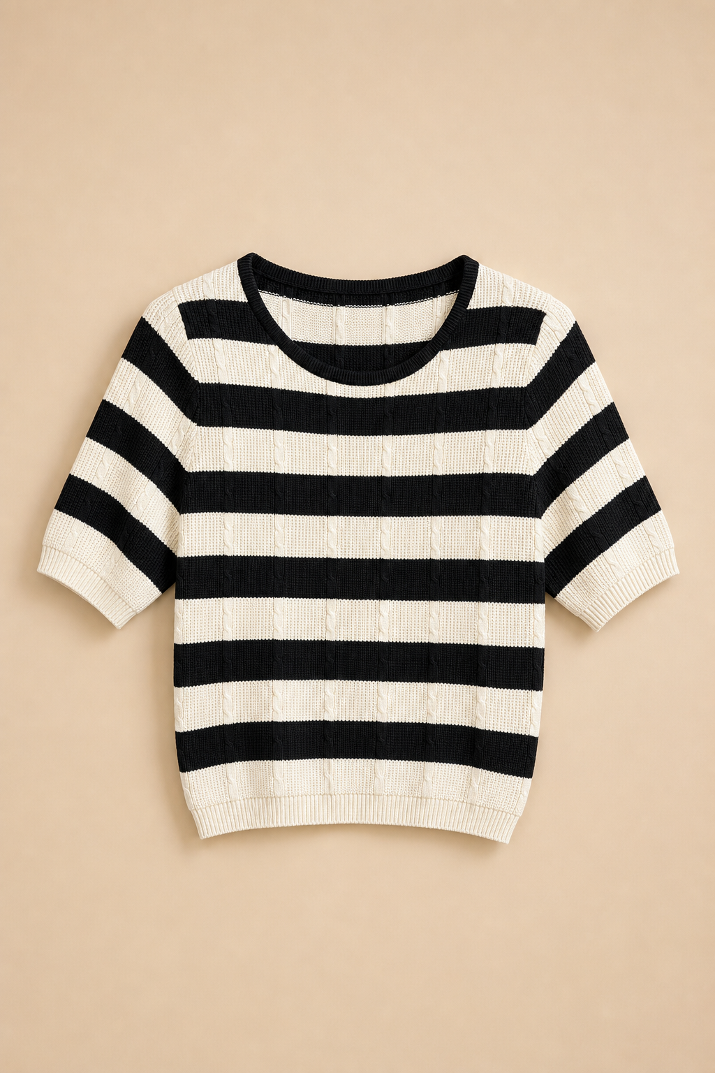 Short Sleeve Textured Horizontal Stripe Sweater