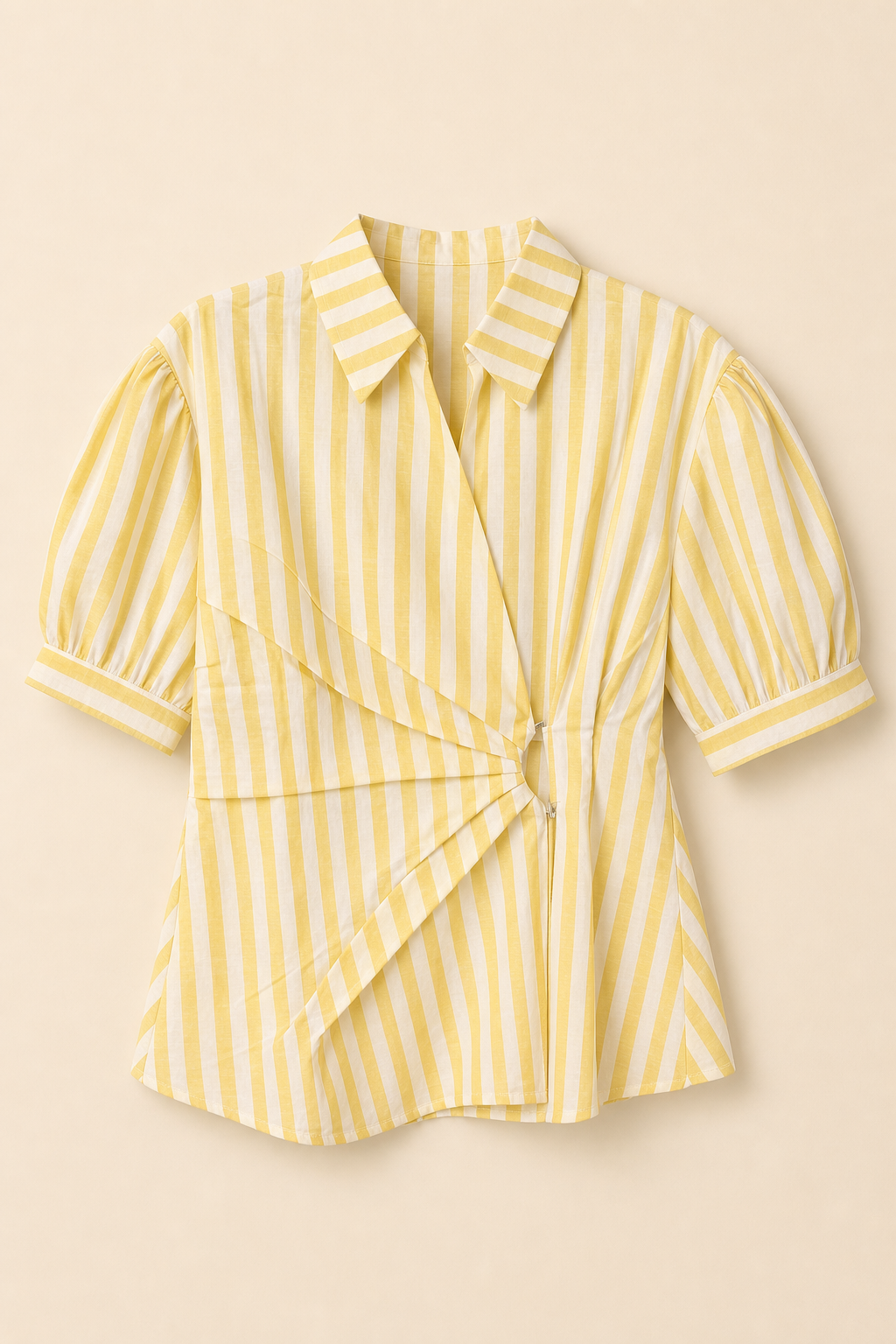 Striped Puff Sleeve Asymmetric Wrap Top