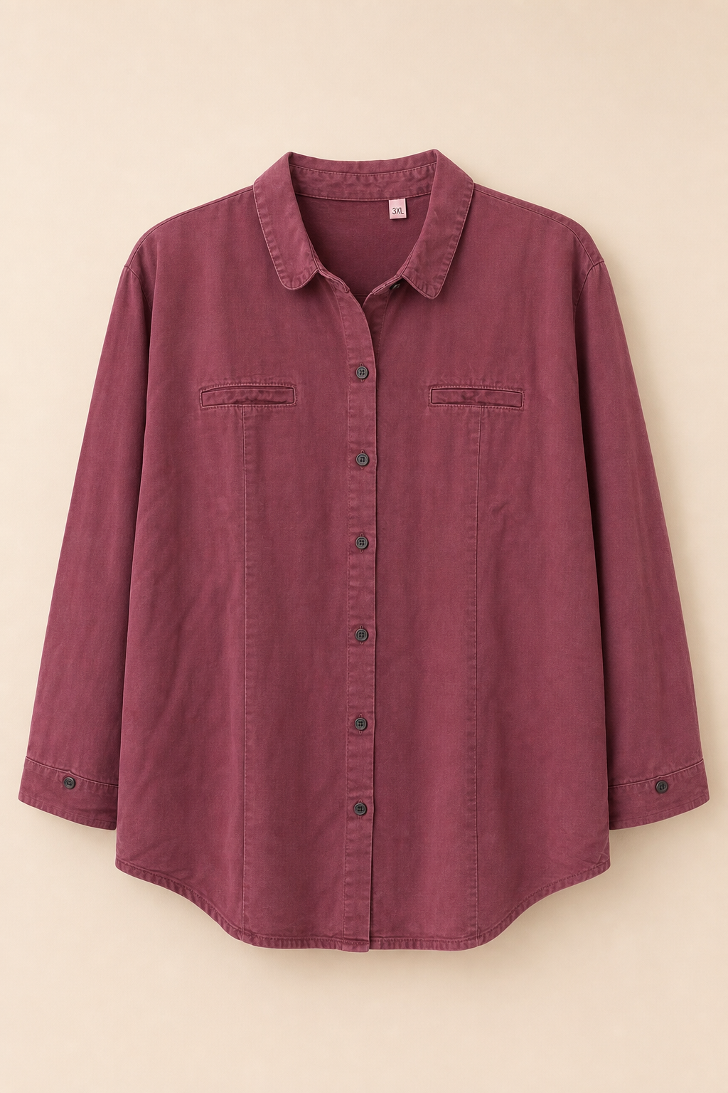 Relaxed Fit Button-Front Collared Long Sleeve Shirt