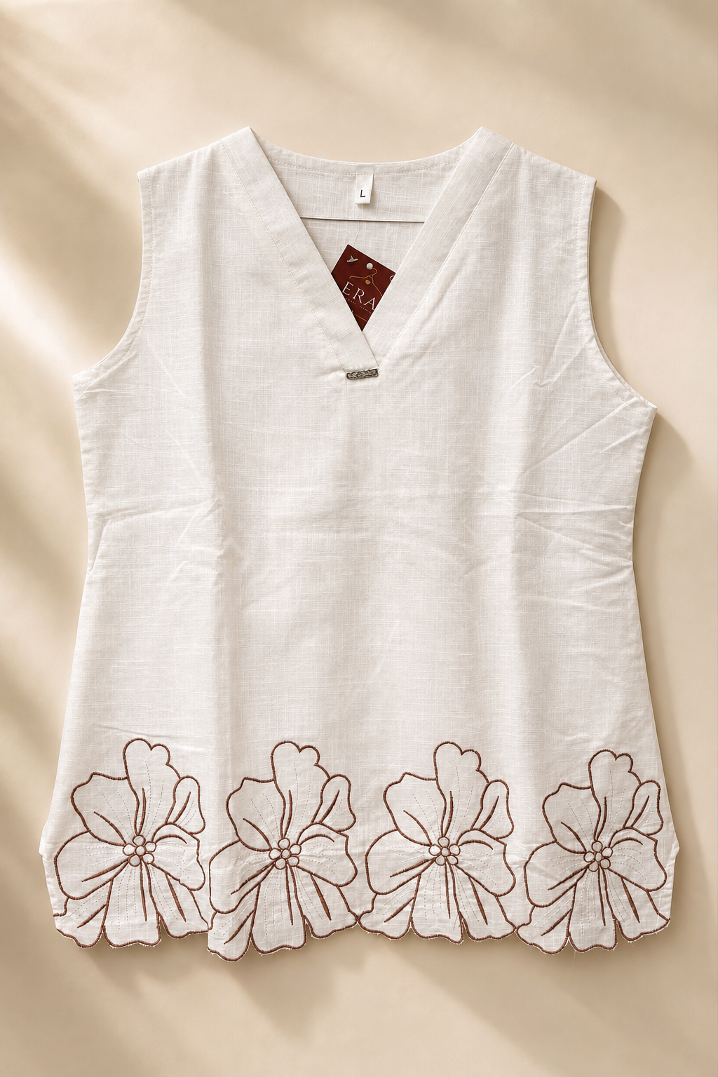 Sleeveless V-Neck Embroidered Hem Tunic Top