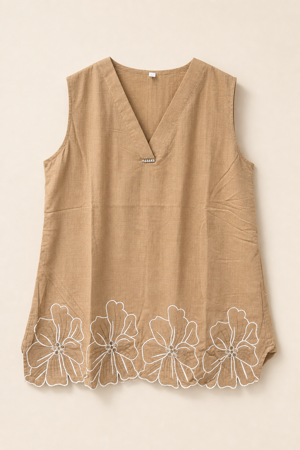 Sleeveless V-Neck Embroidered Hem Tunic Top