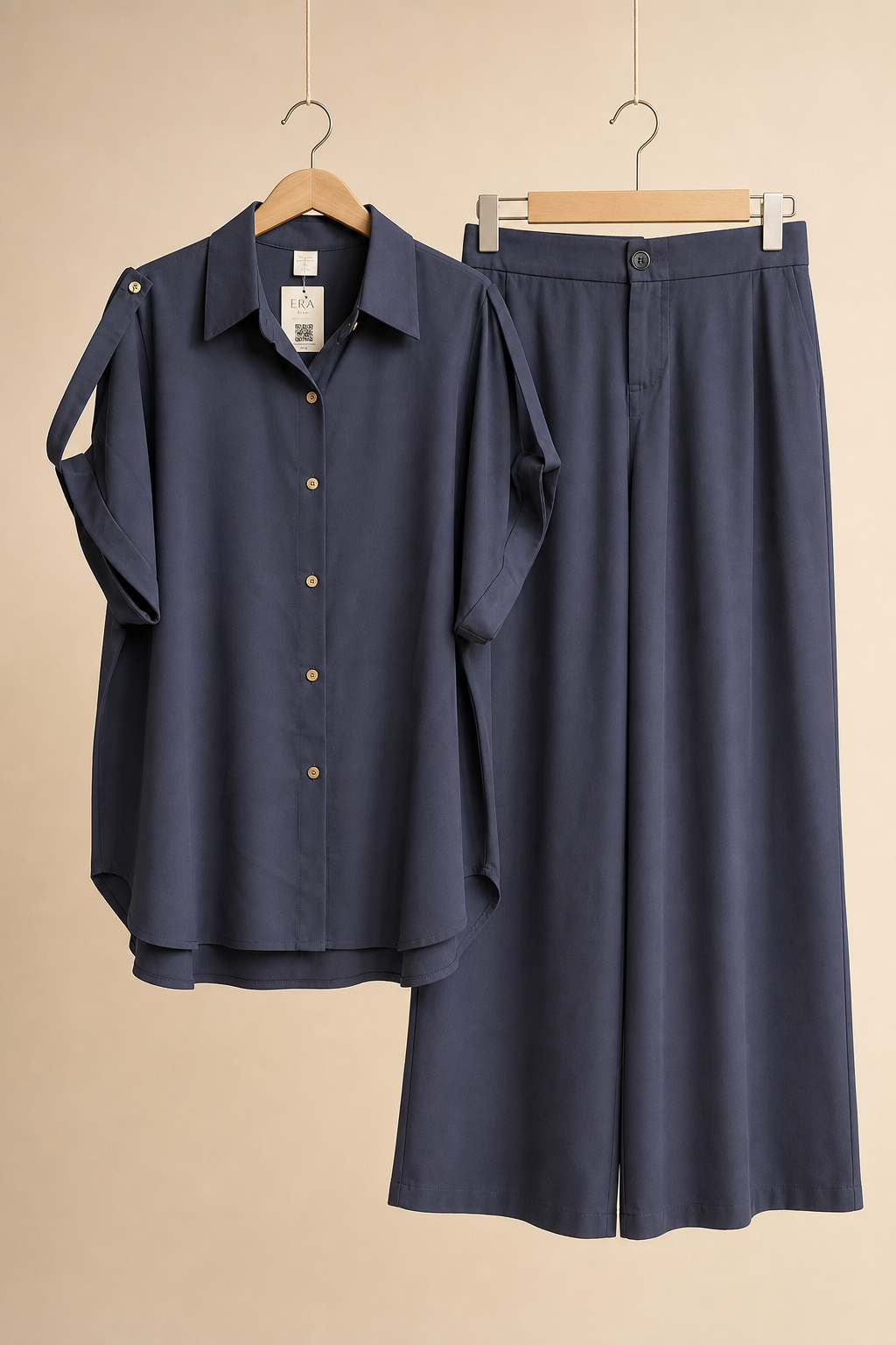 Relaxed Fit Button-Down Cold Shoulder Blouse And Wide-Leg Pants Set