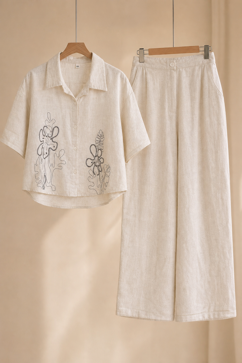 Embroidered Relaxed Button-Front Crop Top and Wide Leg Pants Set