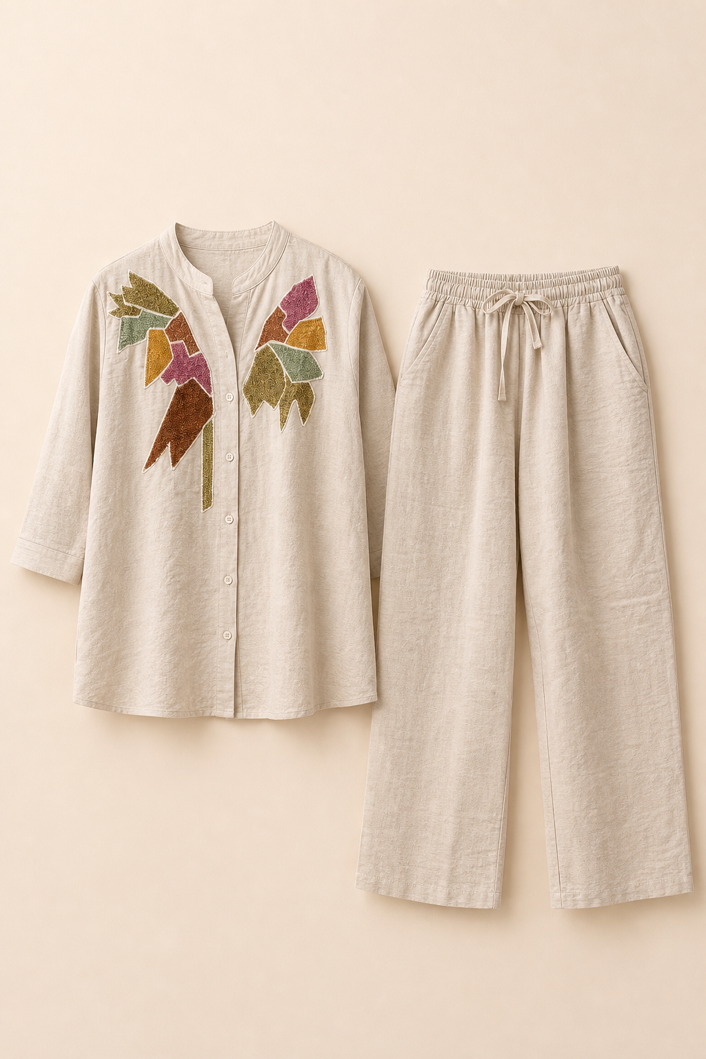Embroidered Detail Button-Front Tunic With Elastic Waist Pants