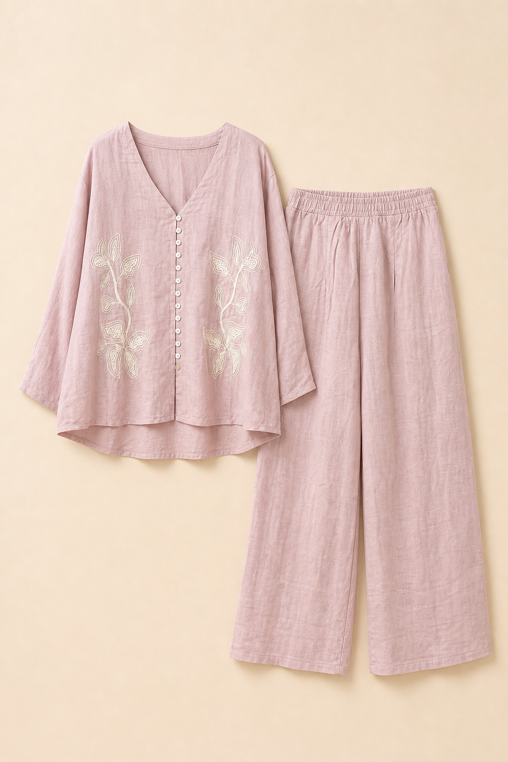 Embroidered Button-Front V-Neck Top with Wide Leg Pants Set