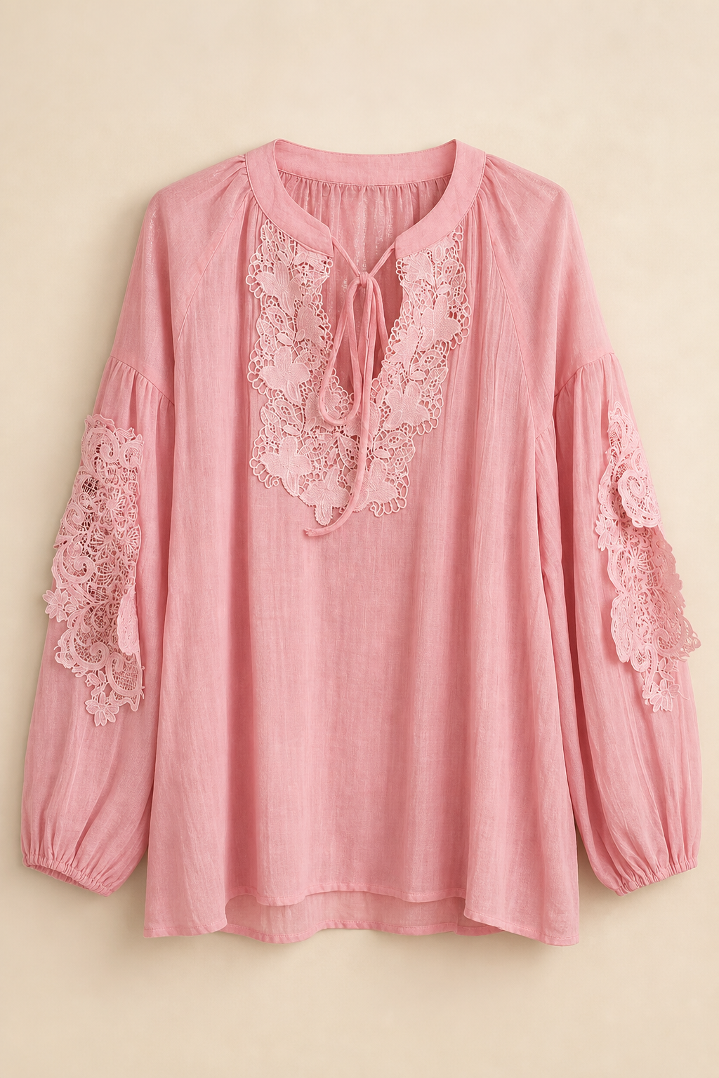 Pink Sheer Long Sleeve Blouse With Lace Insets