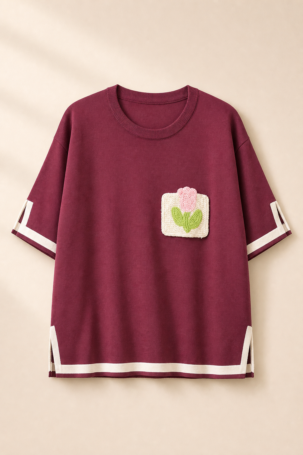 Relaxed Fit Short Sleeve Sweater With Floral Patch